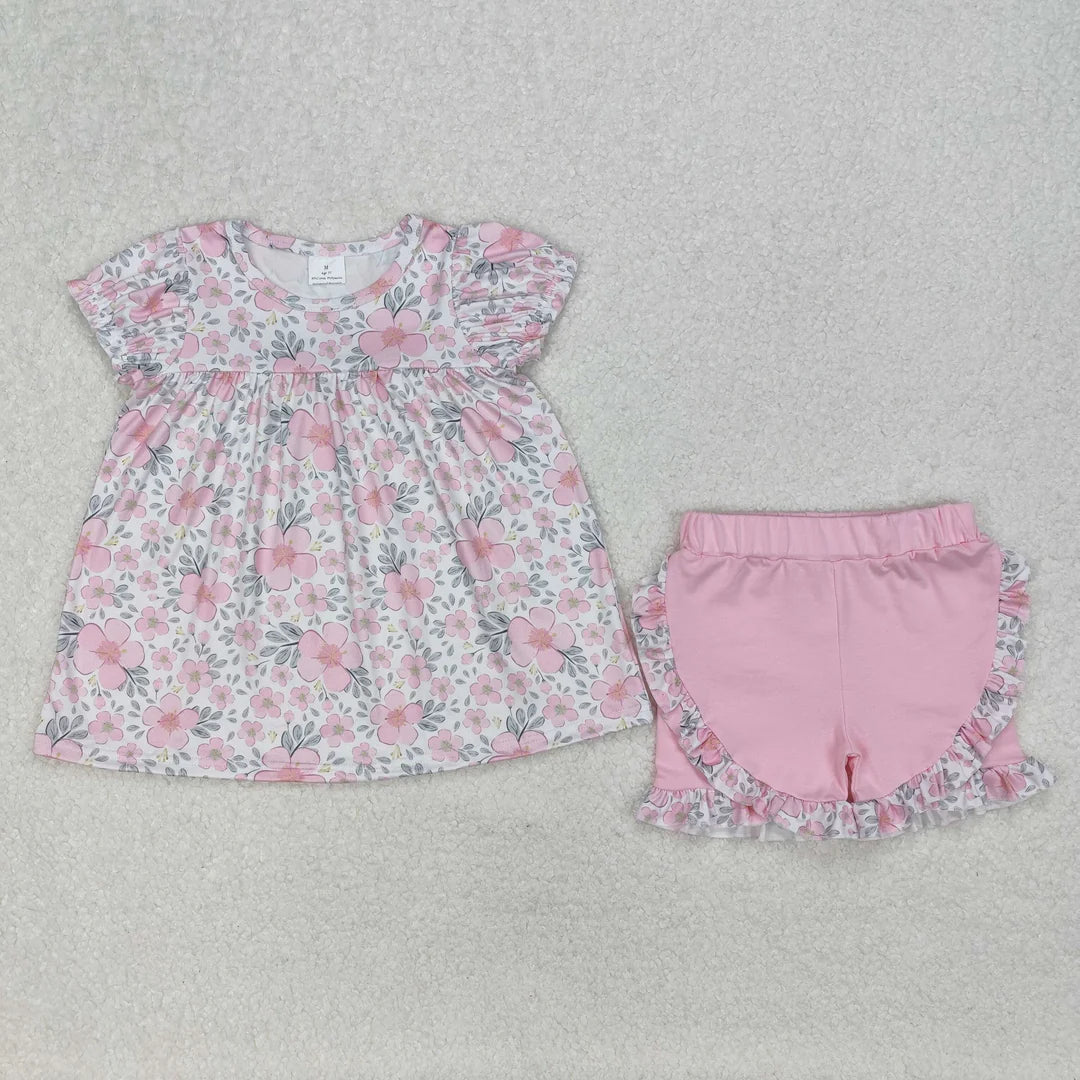 Pink Flowers 2pc Shorts Set